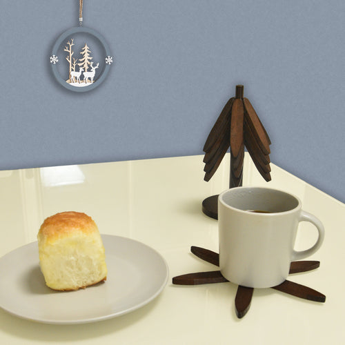 Bamboo Cup Coaster Set，Tree Shape Trivet Set,Tree Coasters- 5 bamboo Trivets + 1 Stand stored for hot Dish/Pot/Bowl/teapot/hot Pot Set (Brown)